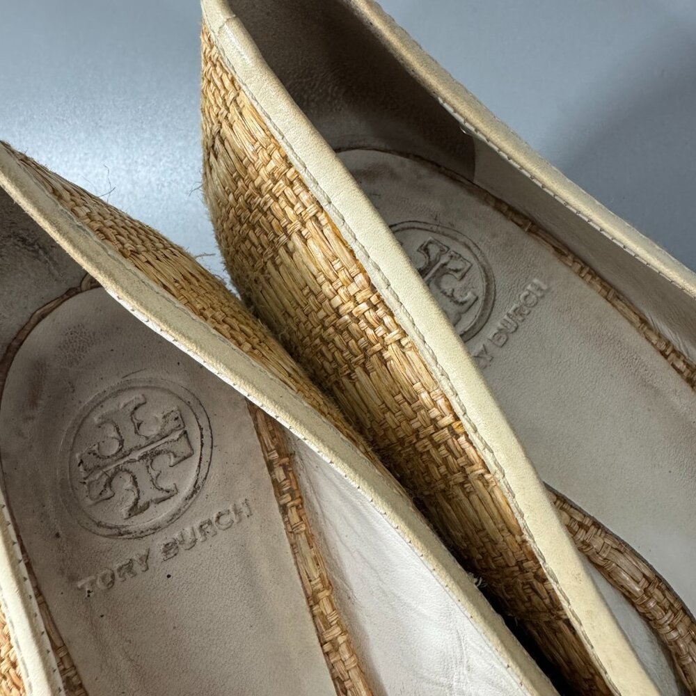 TORY BURCH Tory Burch Beige White Jute Leather Wedge Pumps, Women’s SZ 9 - Picture 15 of 16